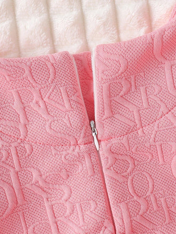 Young Girl Fashionable Cute Pink Letter Jacquard Dress