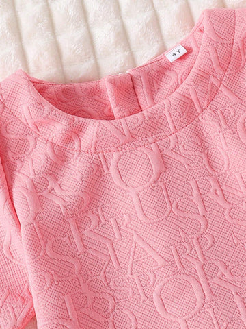 Young Girl Fashionable Cute Pink Letter Jacquard Dress