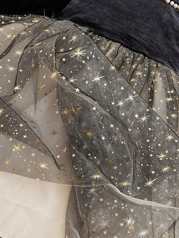 Young Girl Fashionable Elegant Cute Doll Collar Velvet Patchwork Mesh A-Line Dress , Suitable For Spring Summer Autumn