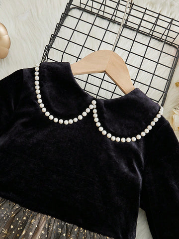 Young Girl Fashionable Elegant Cute Doll Collar Velvet Patchwork Mesh A-Line Dress , Suitable For Spring Summer Autumn