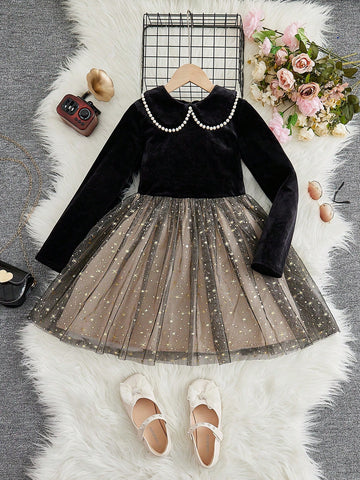 Young Girl Fashionable Elegant Cute Doll Collar Velvet Patchwork Mesh A-Line Dress , Suitable For Spring Summer Autumn