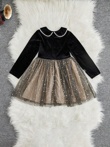 Young Girl Fashionable Elegant Cute Doll Collar Velvet Patchwork Mesh A-Line Dress , Suitable For Spring Summer Autumn