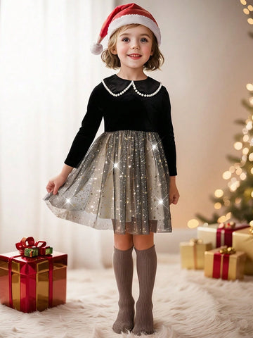 Young Girl Fashionable Elegant Cute Doll Collar Velvet Patchwork Mesh A-Line Dress , Suitable For Spring Summer Autumn