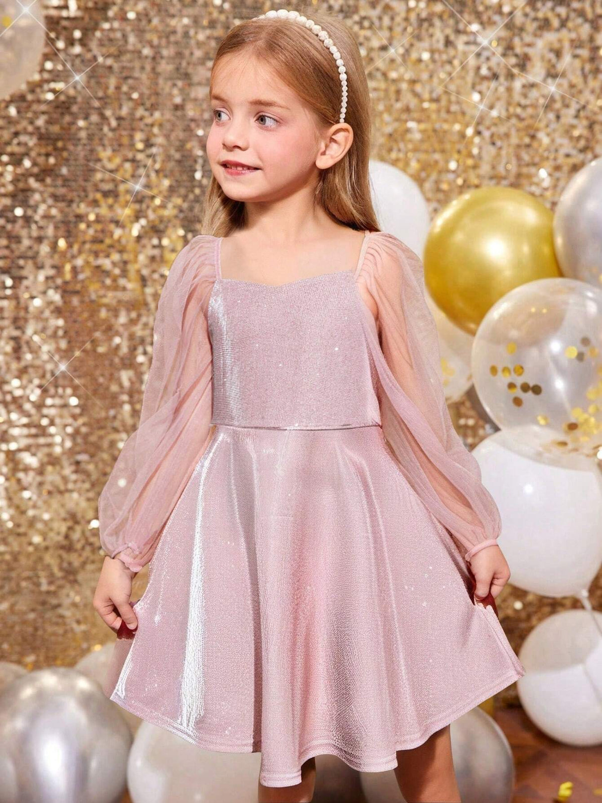 Young Girl Fashionable Elegant Cute Puff Mesh Sleves ,Bling Knit Dress, Suitable For Spring Summer Autumn
