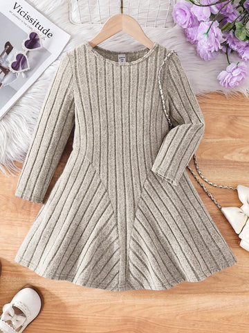 Young Girl Fashionable Elegant Solid Color Crew Neck Fitted Casual Knit Dress