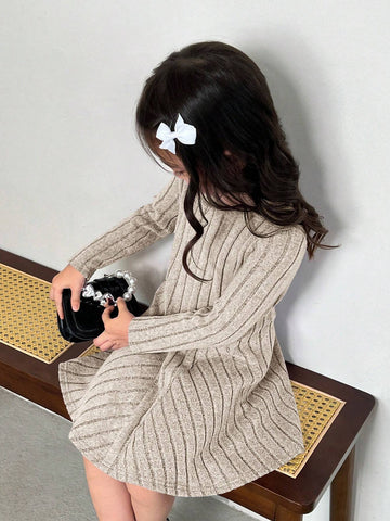 Young Girl Fashionable Elegant Solid Color Crew Neck Fitted Casual Knit Dress