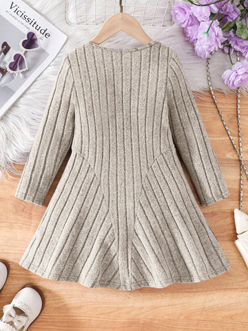 Young Girl Fashionable Elegant Solid Color Crew Neck Fitted Casual Knit Dress