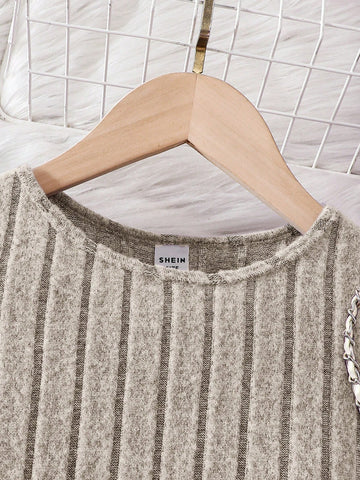 Young Girl Fashionable Elegant Solid Color Crew Neck Fitted Casual Knit Dress