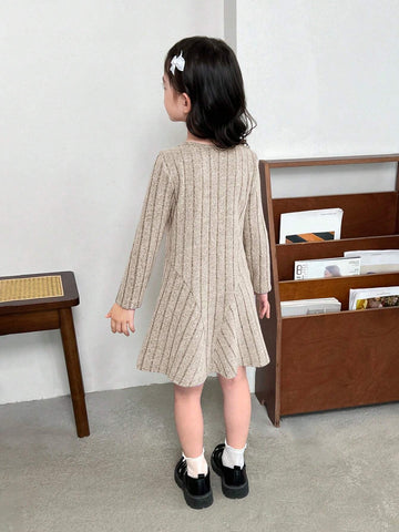 Young Girl Fashionable Elegant Solid Color Crew Neck Fitted Casual Knit Dress