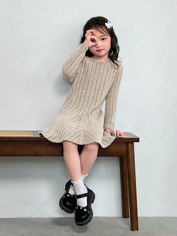 Young Girl Fashionable Elegant Solid Color Crew Neck Fitted Casual Knit Dress