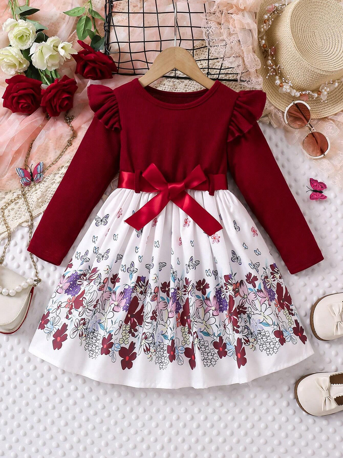 Young Girl Fashionable Floral Print Bowknot Belted Ruffle Hem Long Sleeve Dress, For Spring & Autumn
