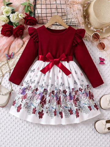 Young Girl Fashionable Floral Print Bowknot Belted Ruffle Hem Long Sleeve Dress, For Spring & Autumn