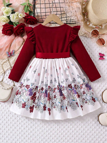 Young Girl Fashionable Floral Print Bowknot Belted Ruffle Hem Long Sleeve Dress, For Spring & Autumn