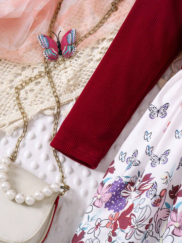 Young Girl Fashionable Floral Print Bowknot Belted Ruffle Hem Long Sleeve Dress, For Spring & Autumn