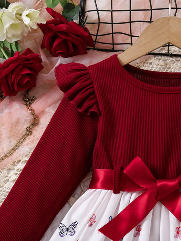 Young Girl Fashionable Floral Print Bowknot Belted Ruffle Hem Long Sleeve Dress, For Spring & Autumn