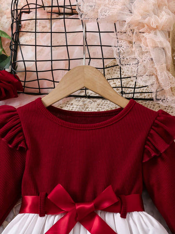 Young Girl Fashionable Floral Print Bowknot Belted Ruffle Hem Long Sleeve Dress, For Spring & Autumn