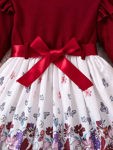 Young Girl Fashionable Floral Print Bowknot Belted Ruffle Hem Long Sleeve Dress, For Spring & Autumn
