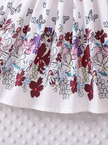 Young Girl Fashionable Floral Print Bowknot Belted Ruffle Hem Long Sleeve Dress, For Spring & Autumn