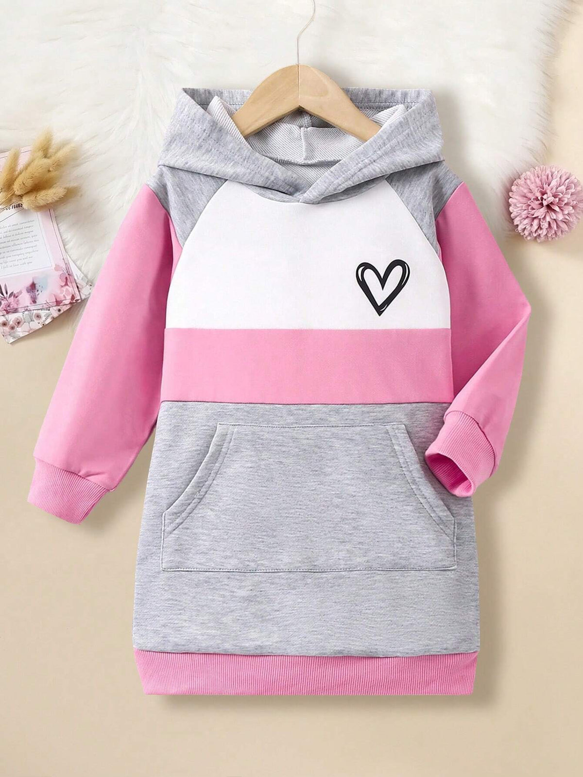Young Girl Fashionable Hoodie Dress With Pockets, Colorblock Patchwork, Spring/Autumn