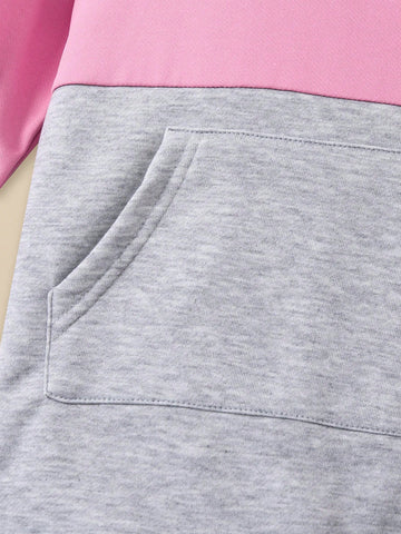 Young Girl Fashionable Hoodie Dress With Pockets, Colorblock Patchwork, Spring/Autumn