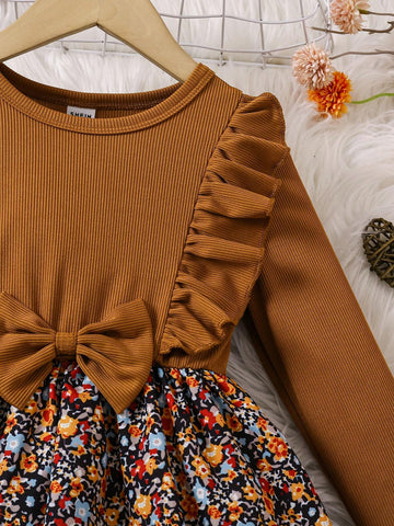Young Girl Fashionable Knitted Round Neck Patchwork Floral Print Bow Decor Stylish And Versatile Elegance, Suitable For Autumn/Winter