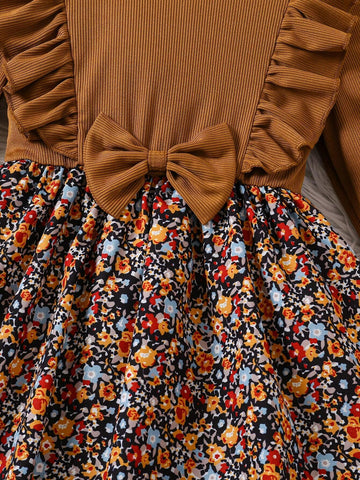 Young Girl Fashionable Knitted Round Neck Patchwork Floral Print Bow Decor Stylish And Versatile Elegance, Suitable For Autumn/Winter