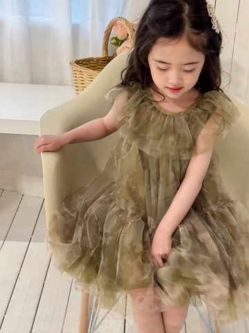 Young Girl Fashionable Ombre Mesh Round Neck Ruffle Hem Dress For Summer