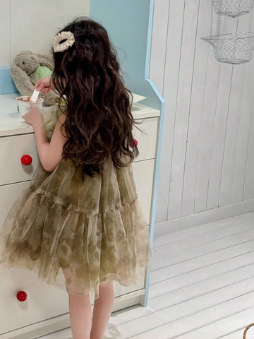 Young Girl Fashionable Ombre Mesh Round Neck Ruffle Hem Dress For Summer