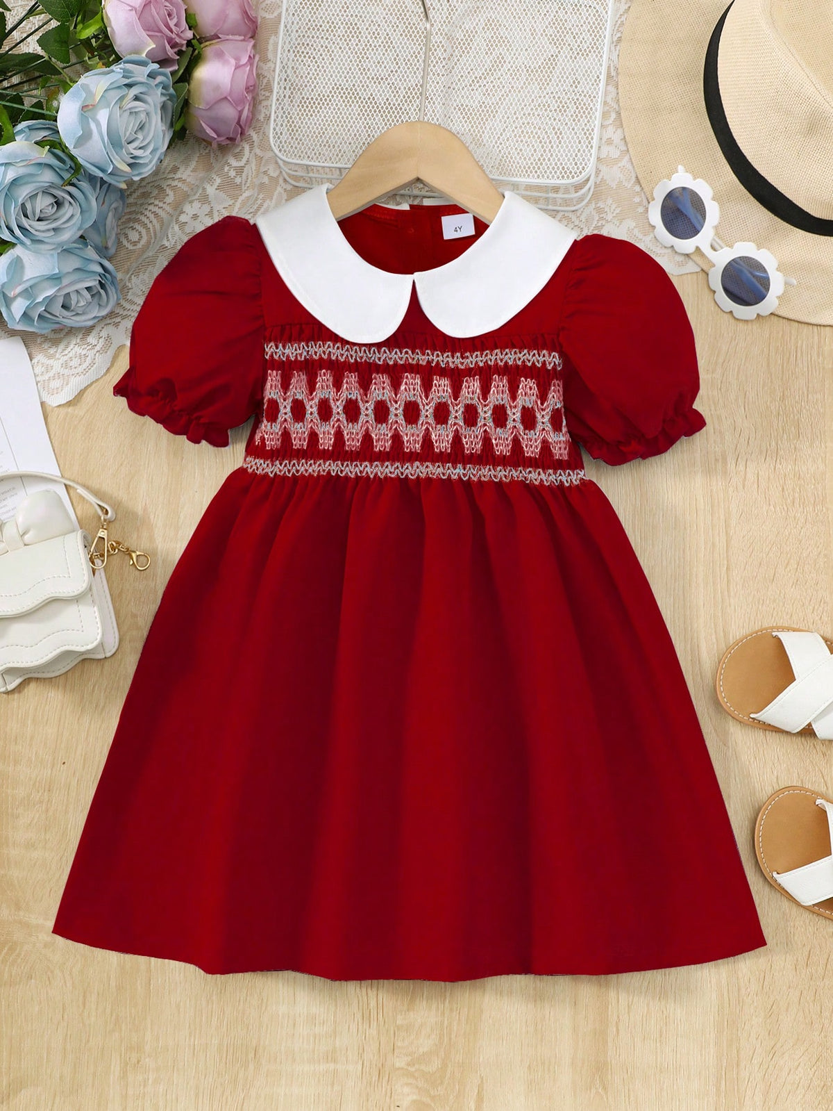 Young Girl' Fashionable Patchwork Color Block Peter Pan Collar Ruffle Trim Short Sleeve Summer Dress
