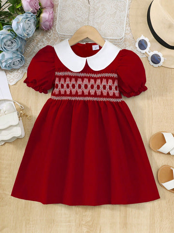 Young Girl' Fashionable Patchwork Color Block Peter Pan Collar Ruffle Trim Short Sleeve Summer Dress