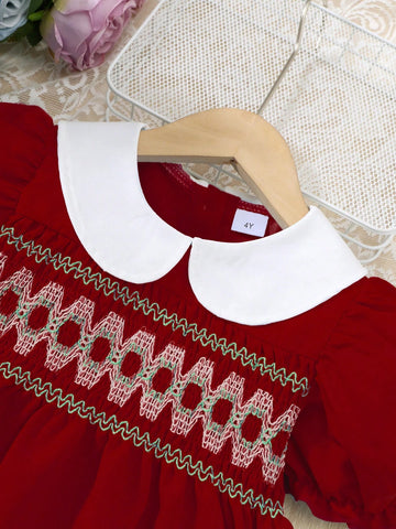 Young Girl' Fashionable Patchwork Color Block Peter Pan Collar Ruffle Trim Short Sleeve Summer Dress