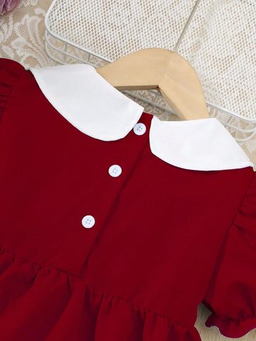 Young Girl' Fashionable Patchwork Color Block Peter Pan Collar Ruffle Trim Short Sleeve Summer Dress