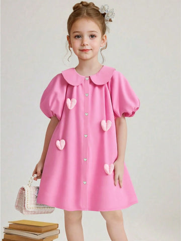Young Girl' Fashionable Pink Collar Puff Sleeve Heart Decor Button Front Casual Dress Suitable For Summer Daily Wear