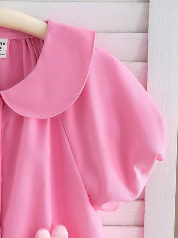Young Girl' Fashionable Pink Collar Puff Sleeve Heart Decor Button Front Casual Dress Suitable For Summer Daily Wear