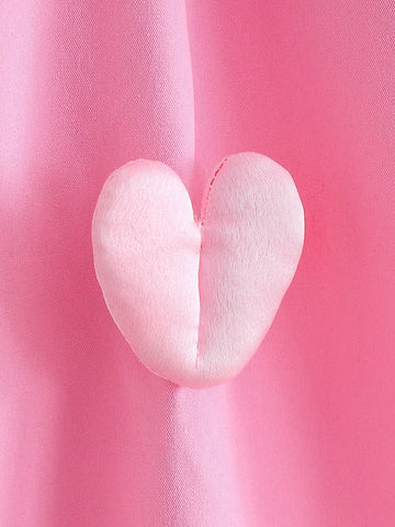Young Girl' Fashionable Pink Collar Puff Sleeve Heart Decor Button Front Casual Dress Suitable For Summer Daily Wear