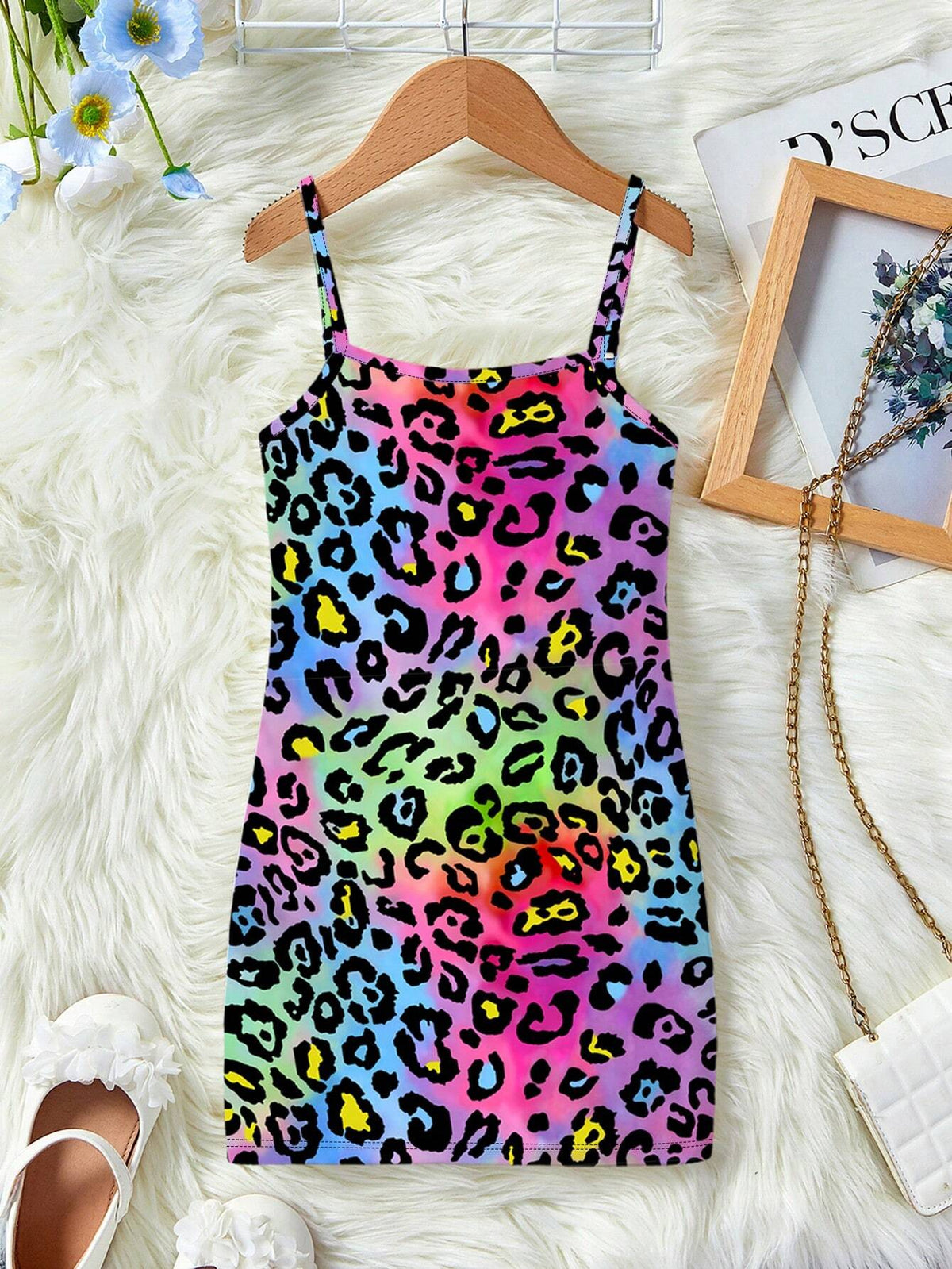 Young Girl Fashionable Simple Colorful Leopard Print Pattern Spaghetti Strap Mid-Length Dress, Perfect For Summer