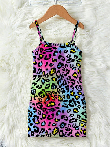 Young Girl Fashionable Simple Colorful Leopard Print Pattern Spaghetti Strap Mid-Length Dress, Perfect For Summer