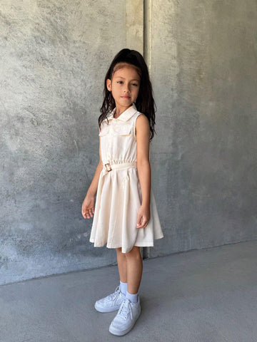 Young Girl Fashionable Sleeveless Woven Fabric Dress, Satin Jacquard Material, Elegant, Versatile