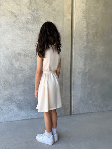 Young Girl Fashionable Sleeveless Woven Fabric Dress, Satin Jacquard Material, Elegant, Versatile