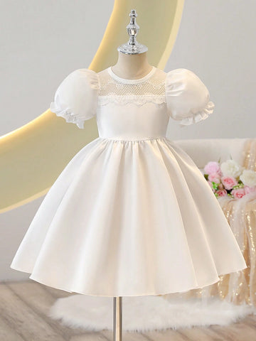 Young Girl Fashionable Solid Color Puff Sleeve Dress