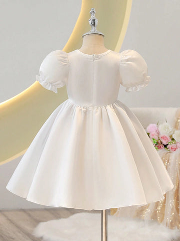 Young Girl Fashionable Solid Color Puff Sleeve Dress