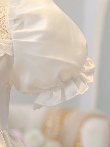 Young Girl Fashionable Solid Color Puff Sleeve Dress