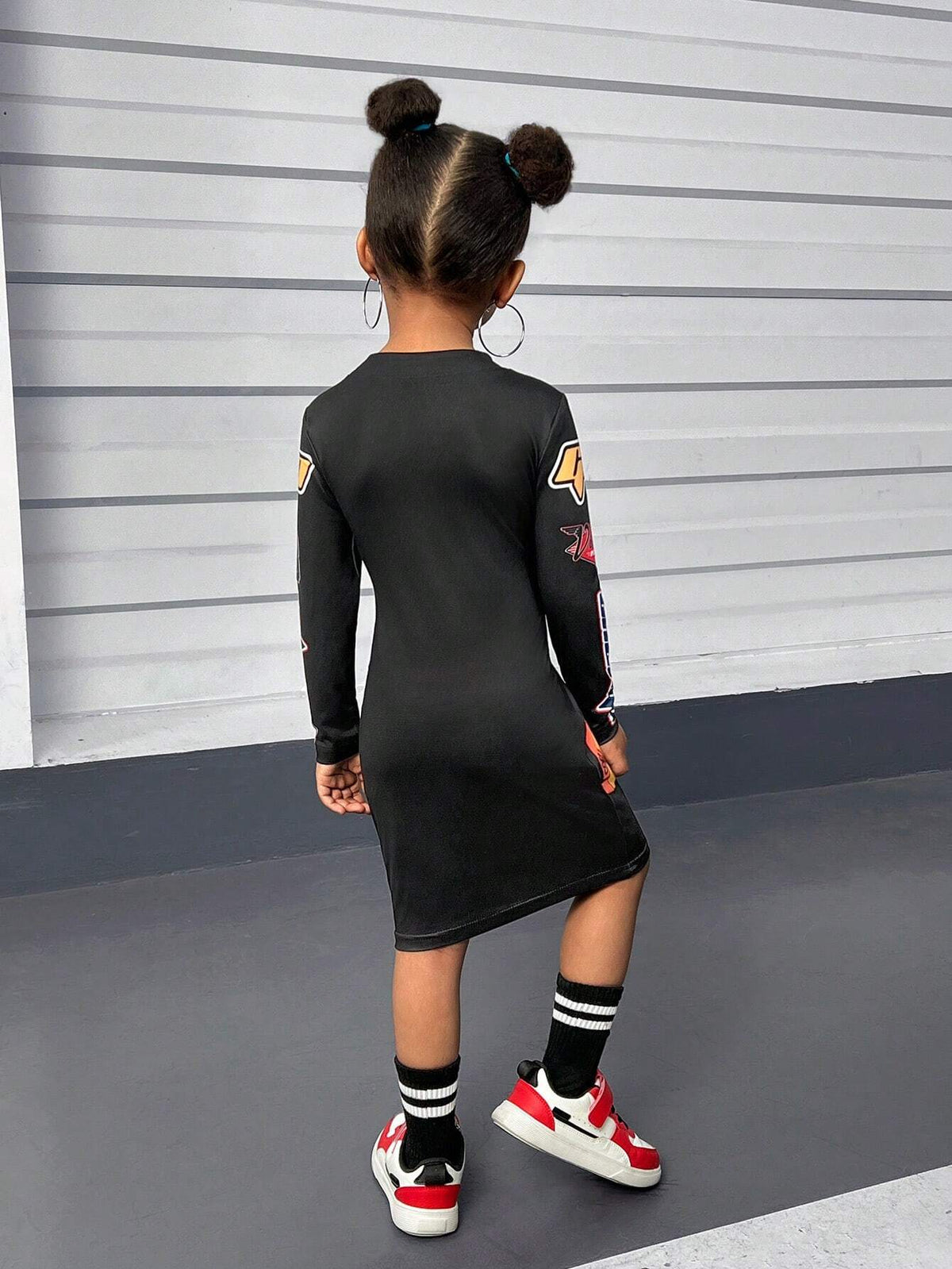 Young Girl Fashionable Street Style Motorcycle & Racing Inspired Fun Patterns Tight High Neck Long Sleeve Mini Dress For Trick Or Treat Toddler Girls ,For Parties, Street Style Girls, Sister Matching, Photography, Skateboarding And Sporting Events.