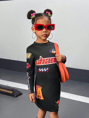 Young Girl Fashionable Street Style Motorcycle & Racing Inspired Fun Patterns Tight High Neck Long Sleeve Mini Dress For Trick Or Treat Toddler Girls ,For Parties, Street Style Girls, Sister Matching, Photography, Skateboarding And Sporting Events.
