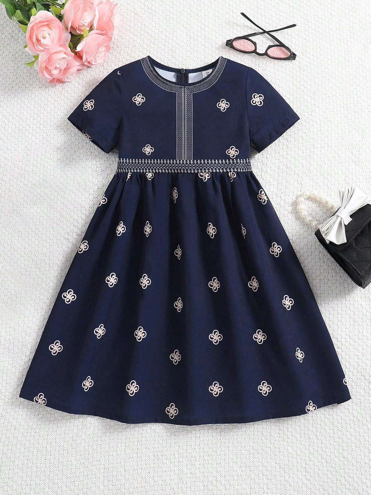 Young Girl Fashionable Summer Elegant Casual Short Sleeve Round Neck Woven Dress With Pattern, Suitable For Party And Daily Wear With Zipper