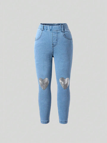 Young Girl Fashionable Sweetheart Contrast Sequin Heart Pattern Jeans