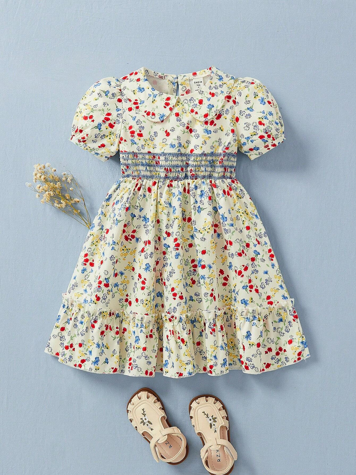 Young Girl Fashionable Sweetheart Gathered Floral Mini Dress