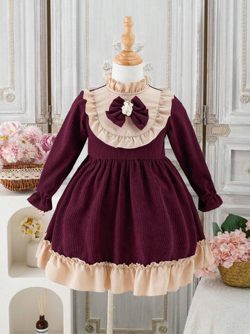 Young Girl Fashionable & Sweet Color Block Ruffled Hem Bow Decor Dress, Spring/Autumn