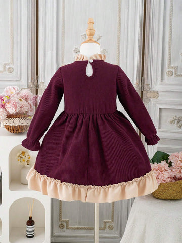 Young Girl Fashionable & Sweet Color Block Ruffled Hem Bow Decor Dress, Spring/Autumn