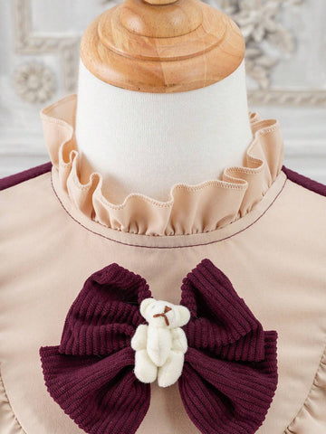 Young Girl Fashionable & Sweet Color Block Ruffled Hem Bow Decor Dress, Spring/Autumn